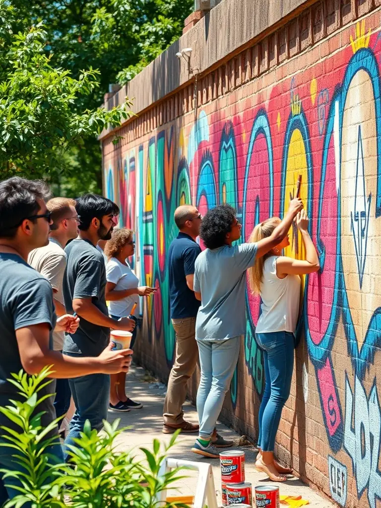 A photo of a community art project facilitated by DANSE AVEC LE MONDE, showcasing participants collaborating on a large-scale mural that reflects the community's identity and values.