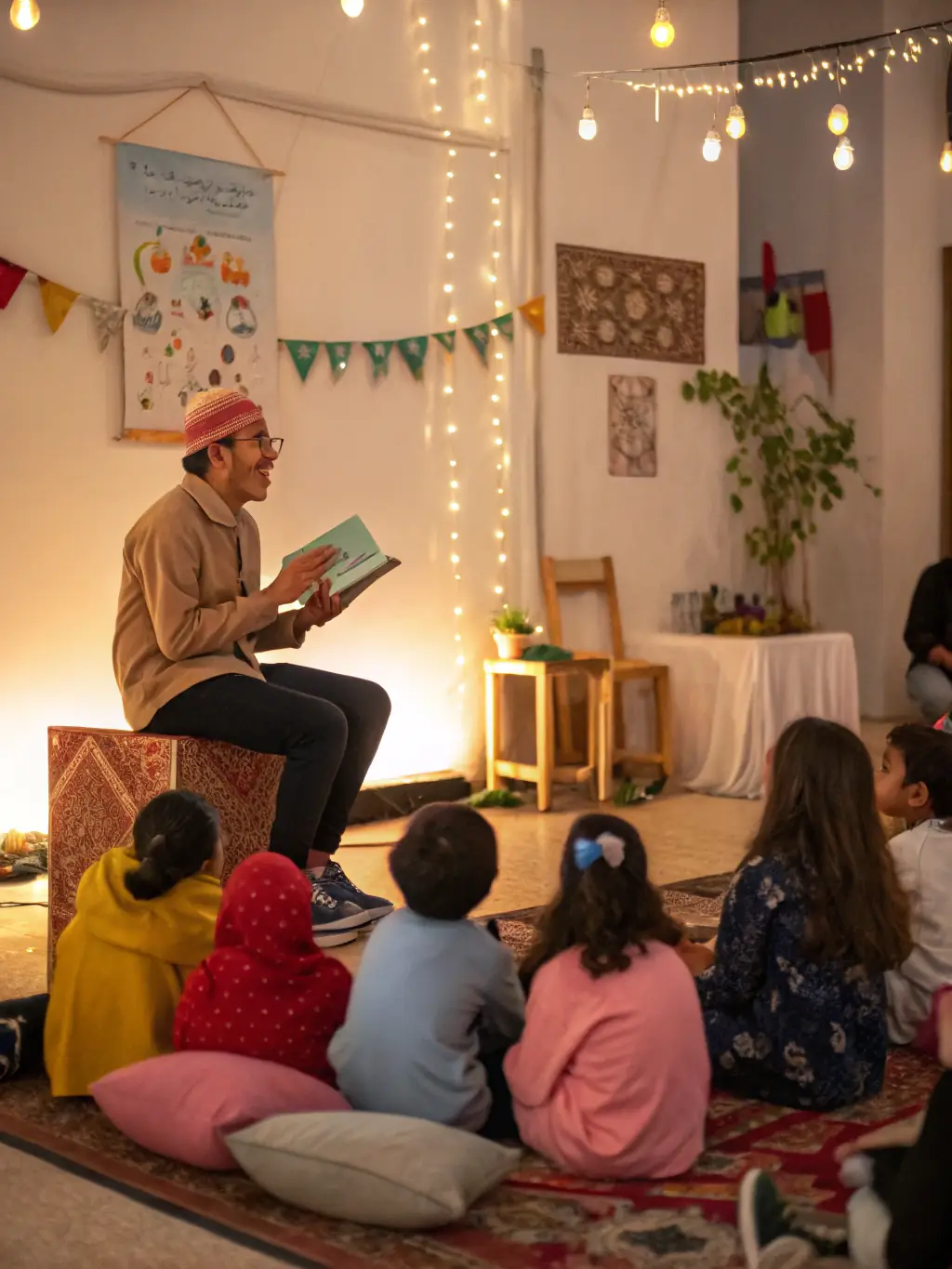 A picture of a storytelling event organized by DANSE AVEC LE MONDE, featuring a captivating storyteller engaging a diverse audience with tales from around the world. The setting is intimate and welcoming.