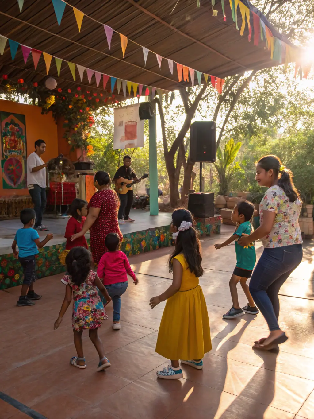 A photograph capturing a dance workshop in progress, showing participants of various ages and backgrounds learning a traditional dance from a skilled instructor. The setting is a community center with natural light.