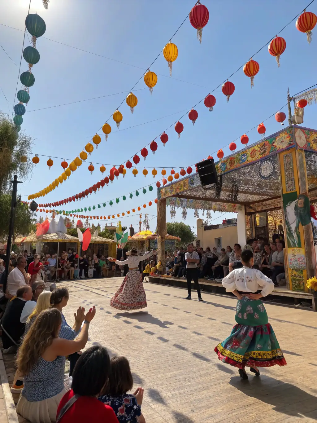 A photograph of a cultural festival organized by DANSE AVEC LE MONDE, depicting a lively scene with music, dance, and food from different cultures, highlighting the organization's role in promoting intercultural dialogue.